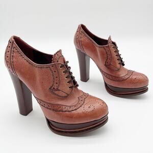 Prada Brown Leather Wingtip Brogue Lace Up Platform Heels IT 39 Vintage Oxford